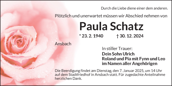 Traueranzeige von Paula Schatz von GE