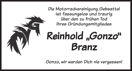 Traueranzeige von Reinhold Branz von Rothenburg
