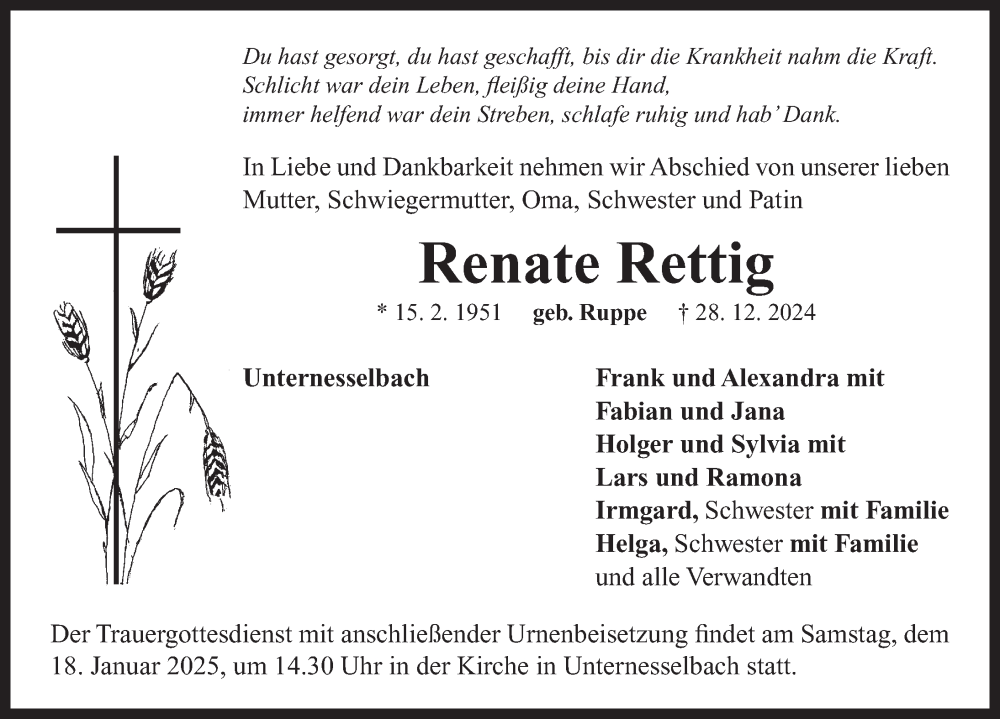  Traueranzeige für Renate Rettig vom 11.01.2025 aus Neustadt/ Scheinfeld/ Uffenheim