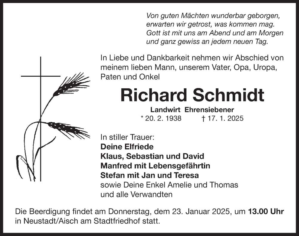  Traueranzeige für Richard Schmidt vom 21.01.2025 aus Neustadt/ Scheinfeld/ Uffenheim