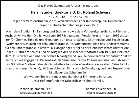 Traueranzeige von Roland Schwarz von Ansbach