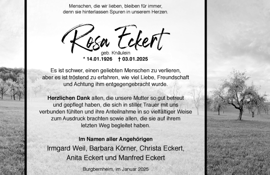 Traueranzeige von Rosa Eckert von Neustadt/ Scheinfeld/ Uffenheim