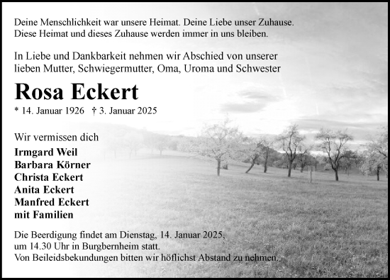 Traueranzeige von Rosa Eckert von Neustadt/ Scheinfeld/ Uffenheim