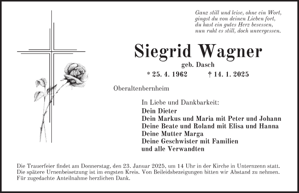  Traueranzeige für Siegrid Wagner vom 20.01.2025 aus Neustadt/ Scheinfeld/ Uffenheim
