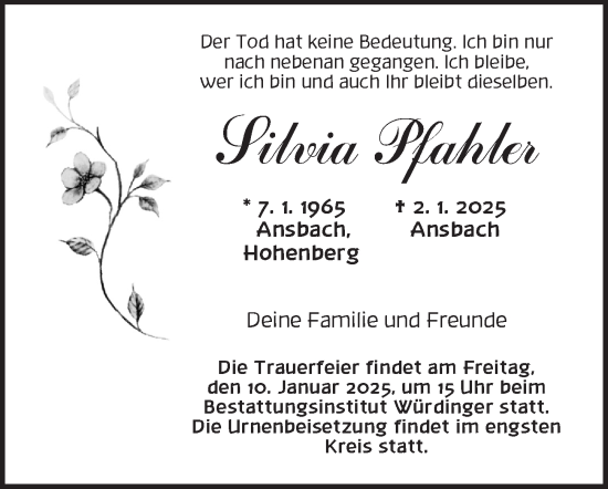 Traueranzeige von Silvia Pfahler von Ansbach