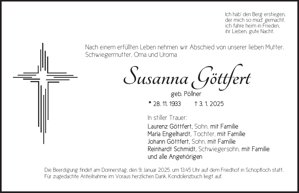  Traueranzeige für Susanna Göttfert vom 08.01.2025 aus Dinkelsbühl/ Feuchtwangen