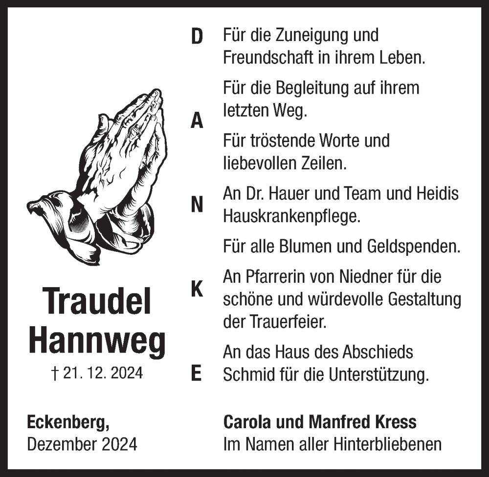  Traueranzeige für Traudel Hannweg vom 18.01.2025 aus Neustadt/ Scheinfeld/ Uffenheim