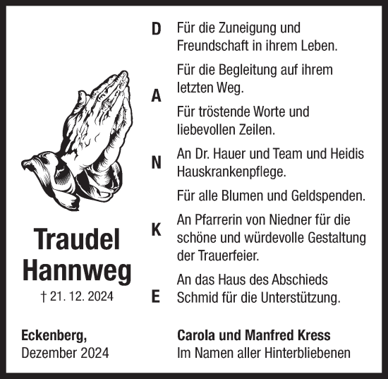 Traueranzeige von Traudel Hannweg von Neustadt/ Scheinfeld/ Uffenheim