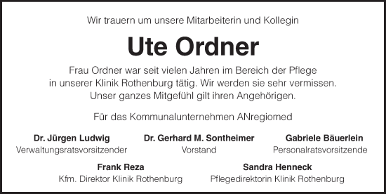 Traueranzeige von Ute Ordner von Rothenburg