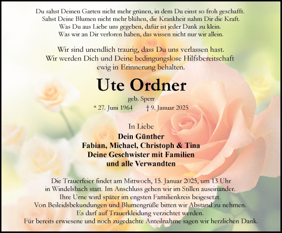 Traueranzeige von Ute Ordner von Rothenburg
