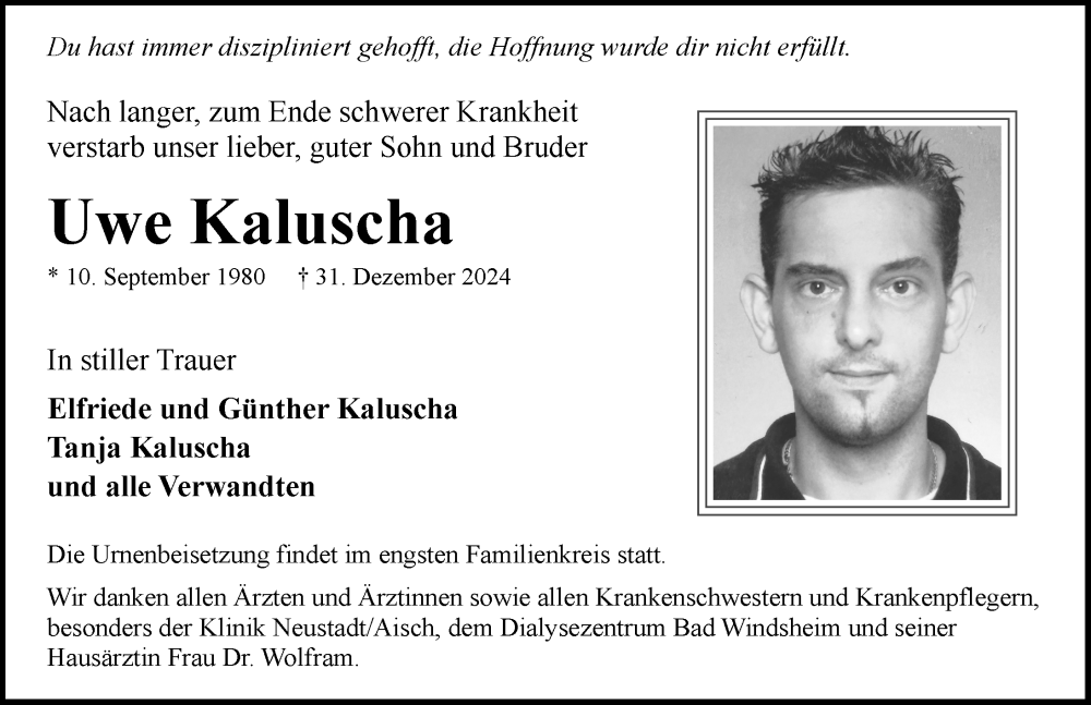  Traueranzeige für Uwe Kaluscha vom 11.01.2025 aus Neustadt/ Scheinfeld/ Uffenheim