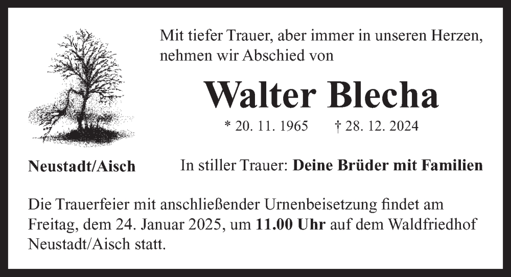  Traueranzeige für Walter Blecha vom 21.01.2025 aus Neustadt/ Scheinfeld/ Uffenheim