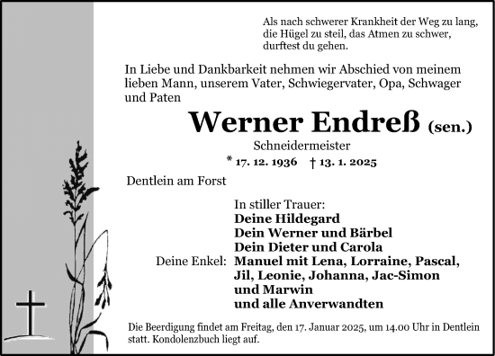 Traueranzeige von Werner Endreß von Dinkelsbühl/ Feuchtwangen
