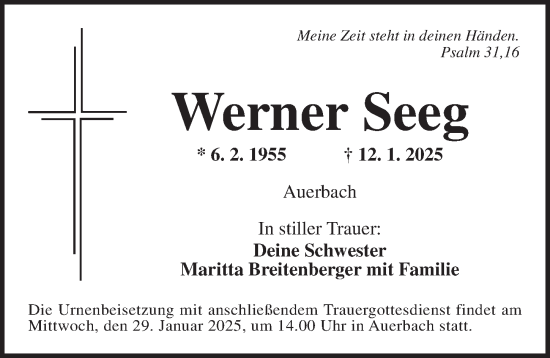 Traueranzeige von Werner Seeg von Ansbach