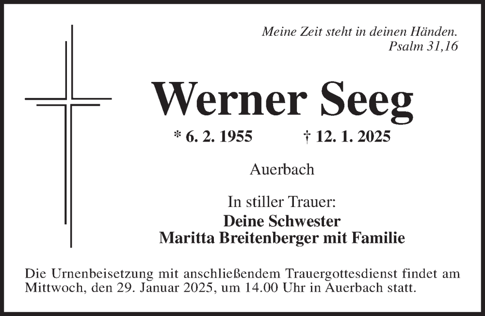  Traueranzeige für Werner Seeg vom 27.01.2025 aus Ansbach