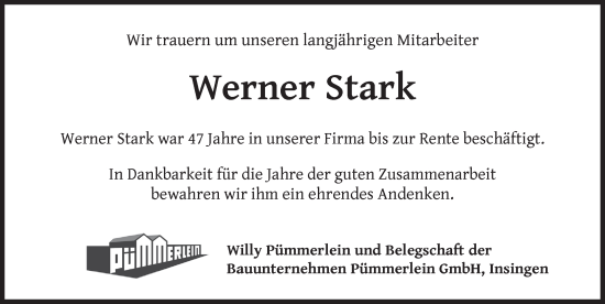 Traueranzeige von Werner Stark von Rothenburg