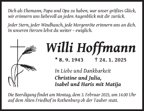 Traueranzeige von Willi Hoffmann von Rothenburg