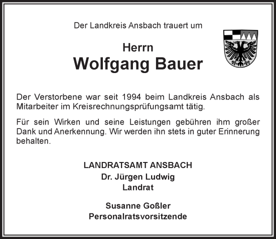 Traueranzeige von Wolfgang Bauer von GE