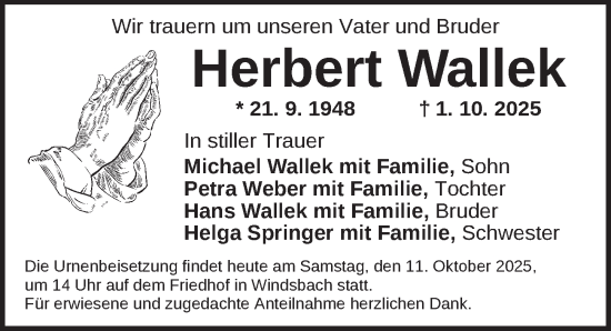 Traueranzeige von Herbert Wallek von Ansbach