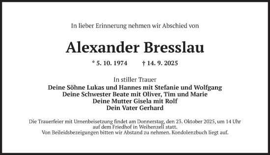 Traueranzeige von Alexander Bresslau von Ansbach