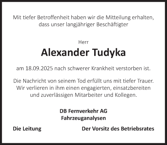 Traueranzeige von Alexander Tudyka von Ansbach