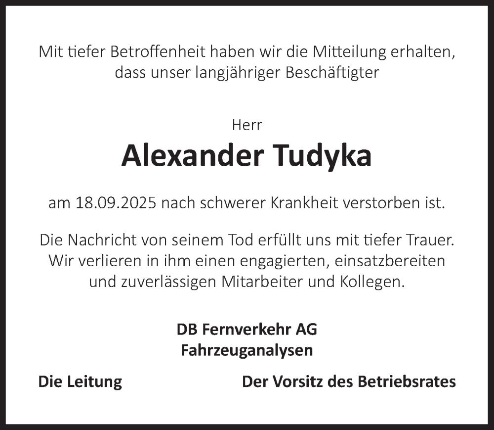  Traueranzeige für Alexander Tudyka vom 31.10.2025 aus Ansbach