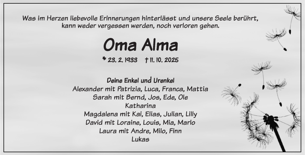  Traueranzeige für Alma Beer vom 14.10.2025 aus Dinkelsbühl/ Feuchtwangen