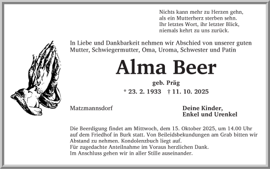Traueranzeige von Alma Beer von Dinkelsbühl/ Feuchtwangen
