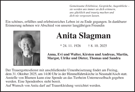 Traueranzeige von Anita Slagman von Neustadt/ Scheinfeld/ Uffenheim