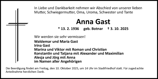 Traueranzeige von Anna Gast von Ansbach