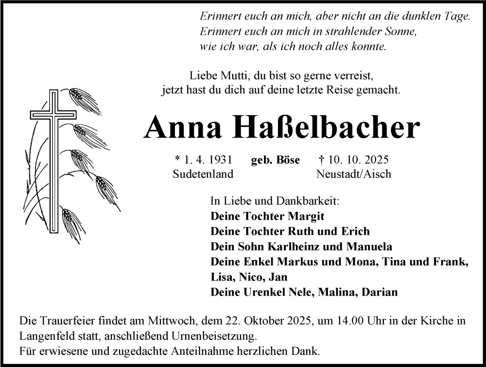  Traueranzeige für Anna Haßelbacher vom 18.10.2025 aus Neustadt/ Scheinfeld/ Uffenheim