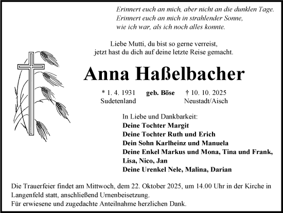 Traueranzeige von Anna Haßelbacher von Neustadt/ Scheinfeld/ Uffenheim