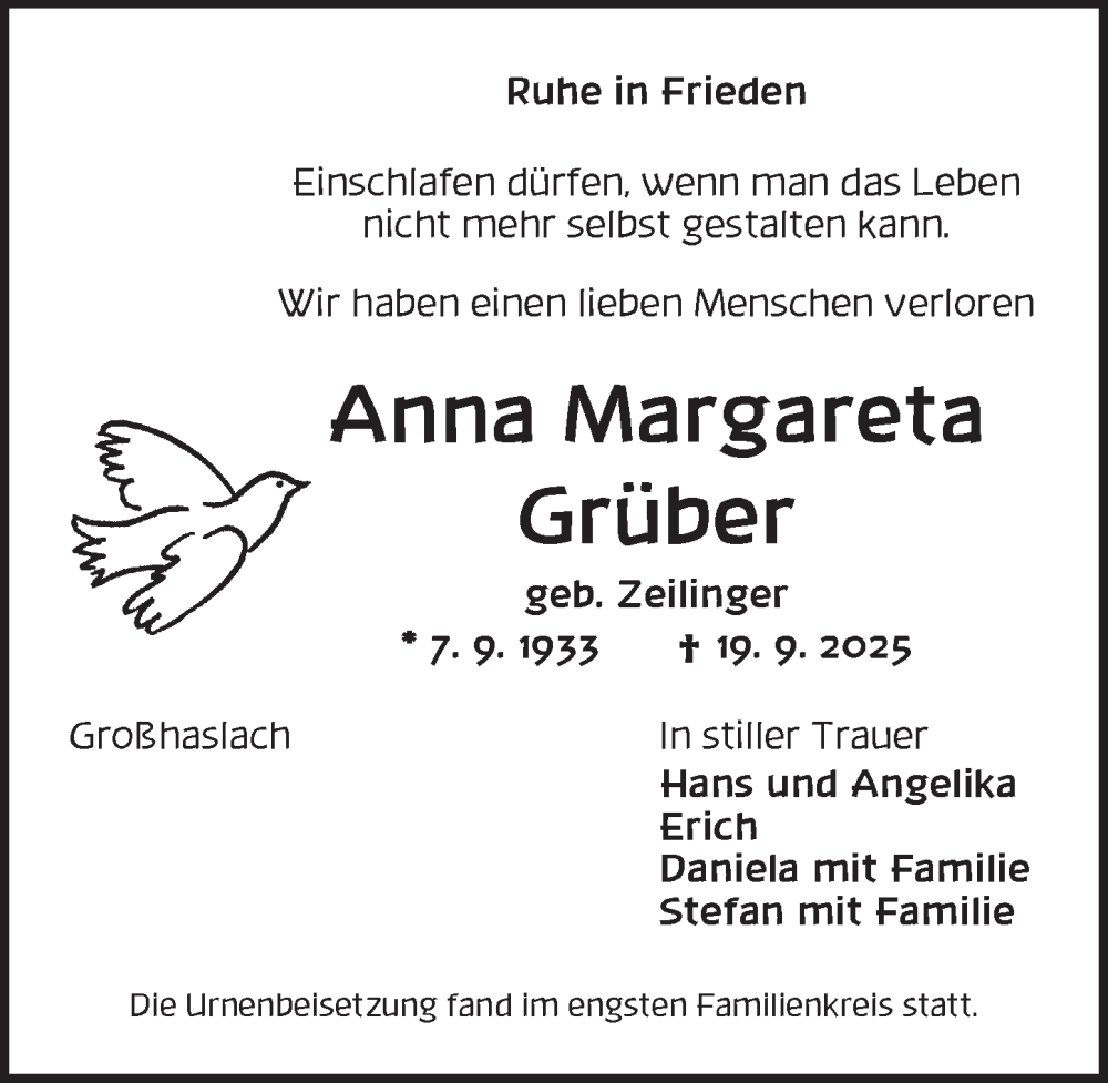  Traueranzeige für Anna Margareta Grüber vom 17.10.2025 aus Ansbach