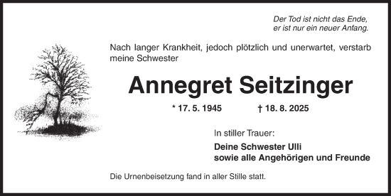 Traueranzeige von Annegret Seitzinger von Ansbach