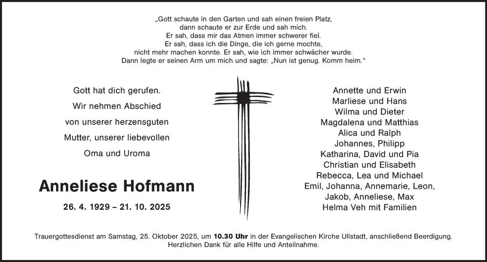  Traueranzeige für Anneliese Hofmann vom 24.10.2025 aus Neustadt/ Scheinfeld/ Uffenheim