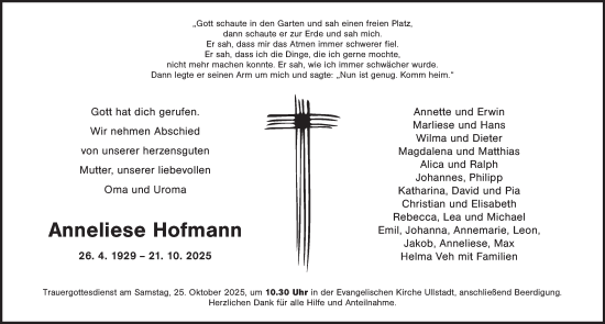 Traueranzeige von Anneliese Hofmann von Neustadt/ Scheinfeld/ Uffenheim