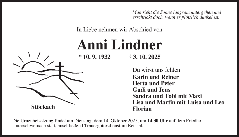  Traueranzeige für Anni Lindner vom 10.10.2025 aus Neustadt/ Scheinfeld/ Uffenheim
