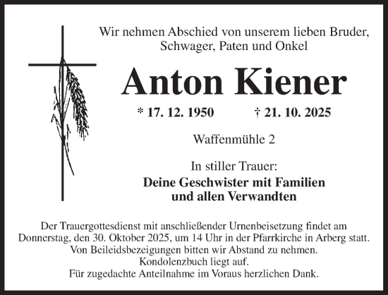 Traueranzeige von Anton Kiener von Dinkelsbühl/ Feuchtwangen
