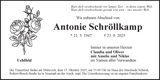 Traueranzeige von Antonie Schröllkamp von Neustadt/ Scheinfeld/ Uffenheim