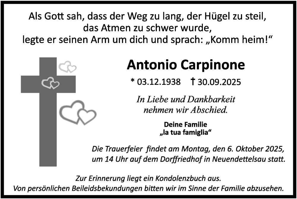  Traueranzeige für Antonio Carpinone vom 04.10.2025 aus Ansbach