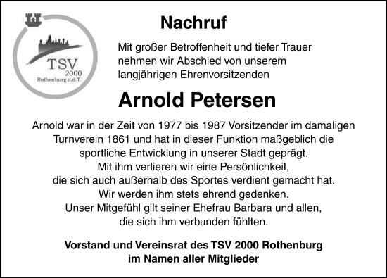 Traueranzeige von Arnold Petersen von Rothenburg
