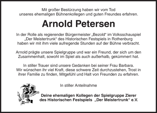 Traueranzeige von Arnold Petersen von Rothenburg