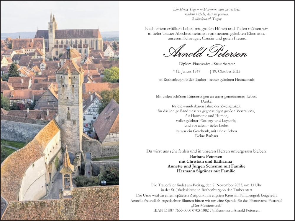  Traueranzeige für Arnold Petersen vom 31.10.2025 aus Rothenburg