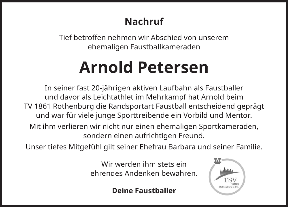  Traueranzeige für Arnold Petersen vom 31.10.2025 aus Rothenburg