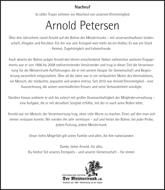 Traueranzeige von Arnold Petersen von Rothenburg