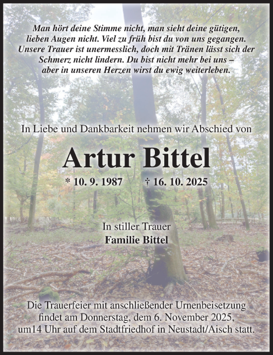 Traueranzeige von Artur Bittel von Neustadt/ Scheinfeld/ Uffenheim