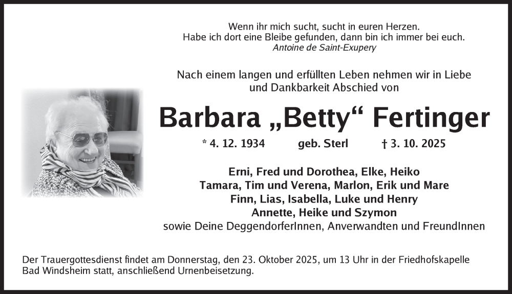  Traueranzeige für Barbara Fertinger vom 18.10.2025 aus Neustadt/ Scheinfeld/ Uffenheim