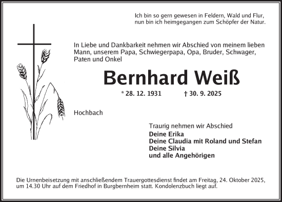 Traueranzeige von Bernhard Weiß von Neustadt/ Scheinfeld/ Uffenheim