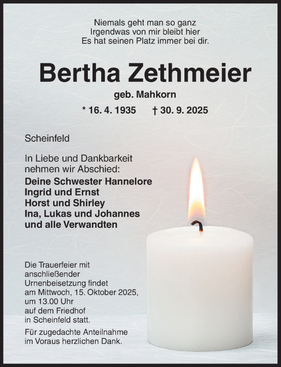 Traueranzeige von Bertha Zethmeier von Neustadt/ Scheinfeld/ Uffenheim