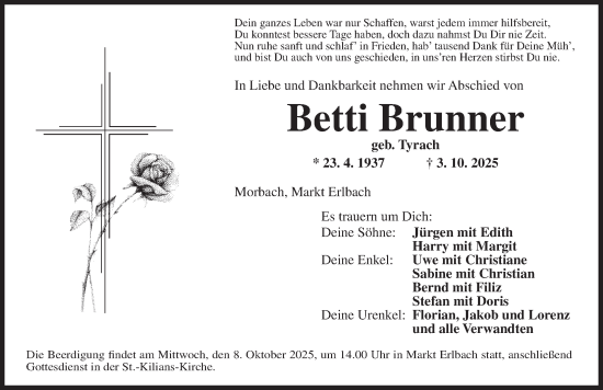 Traueranzeige von Betti Brunner von Neustadt/ Scheinfeld/ Uffenheim